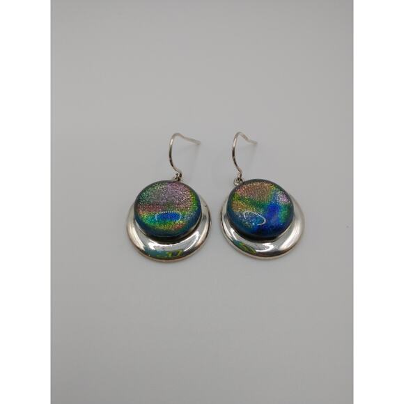 Fused glass round dangle iridescent earrings silver tone pretty shimmer - Picture 1 of 9